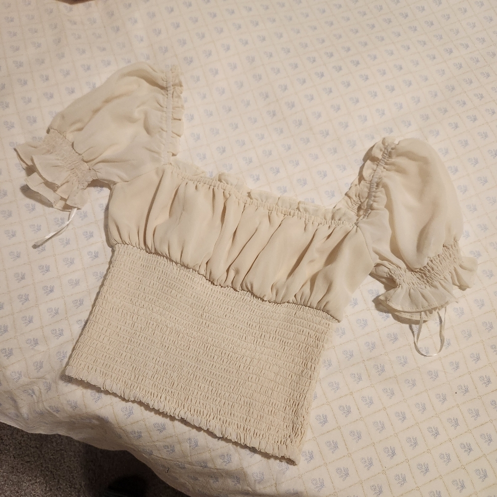 Smocked Waist Puff Sleeve Crop Top